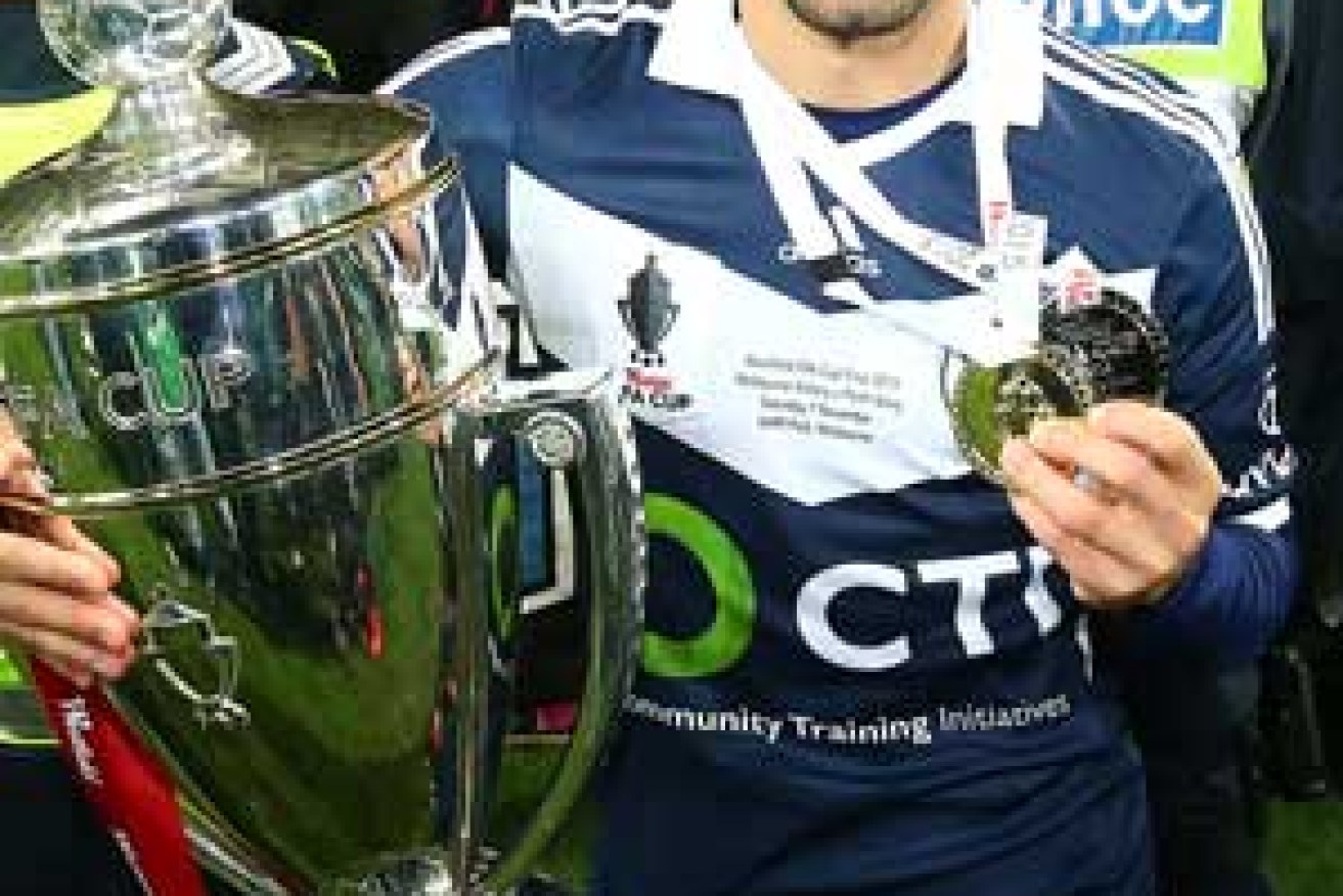 Kosta Barbarouses celebrates winning the Mark Viduka Medal for the FFA Cup final's best player. Photo: Getty