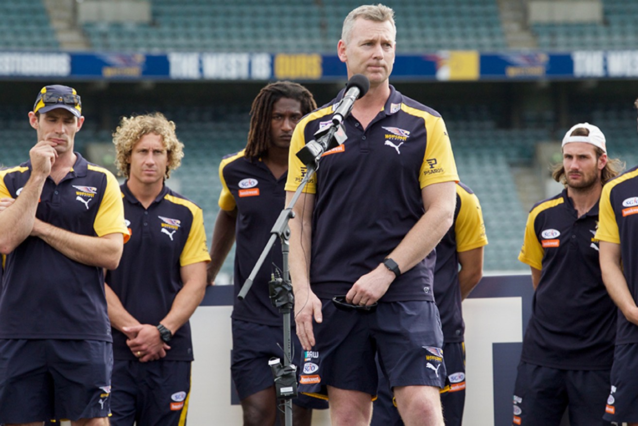 Simpson makes a speech during the team's homecoming ceremony at Domain Stadium. Photo: AAP 