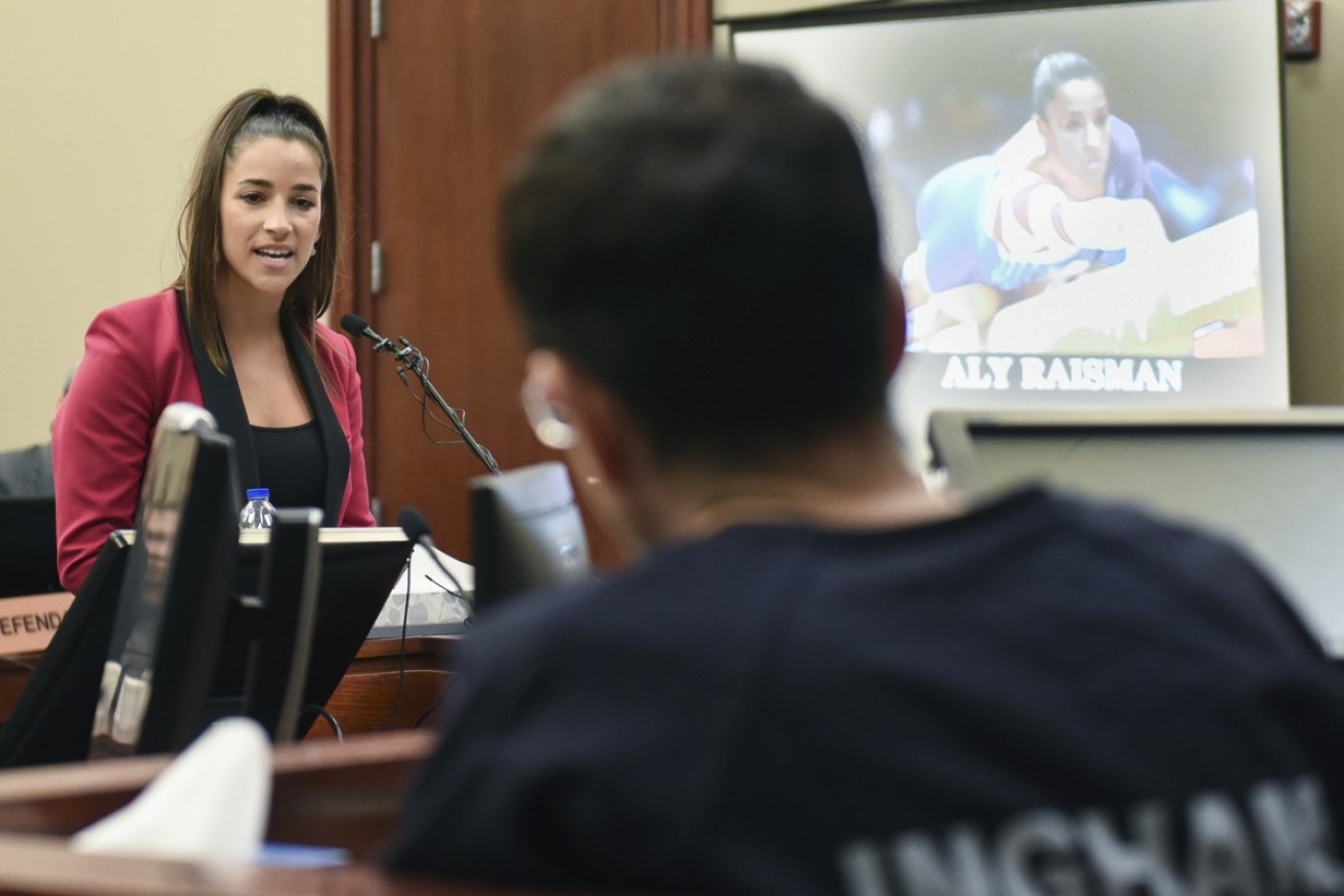 Aly Raisman (left) told Larry Nassar (right) he should have been locked up "a long time ago".