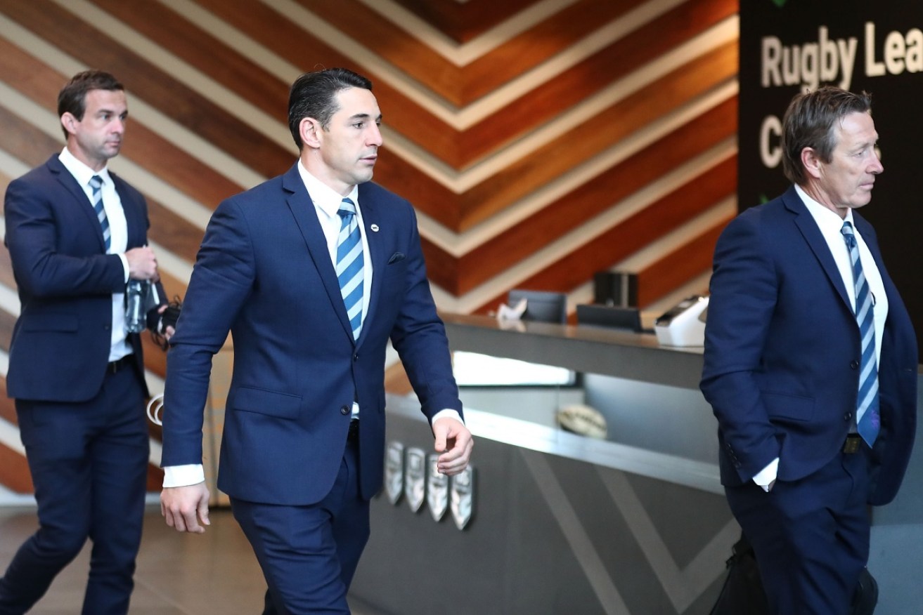 Billy Slater arrives at NRL headquarters with Storm coach Craig Bellamy. 