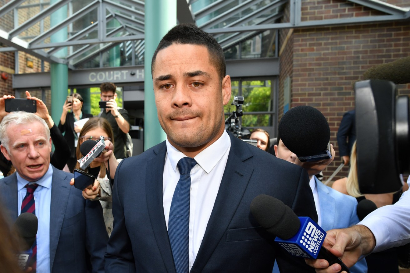 NRL player Jarryd Hayne leaves a Sydney court on Monday. His lawyer told the court he intends to plead not guilty to a rape charge.