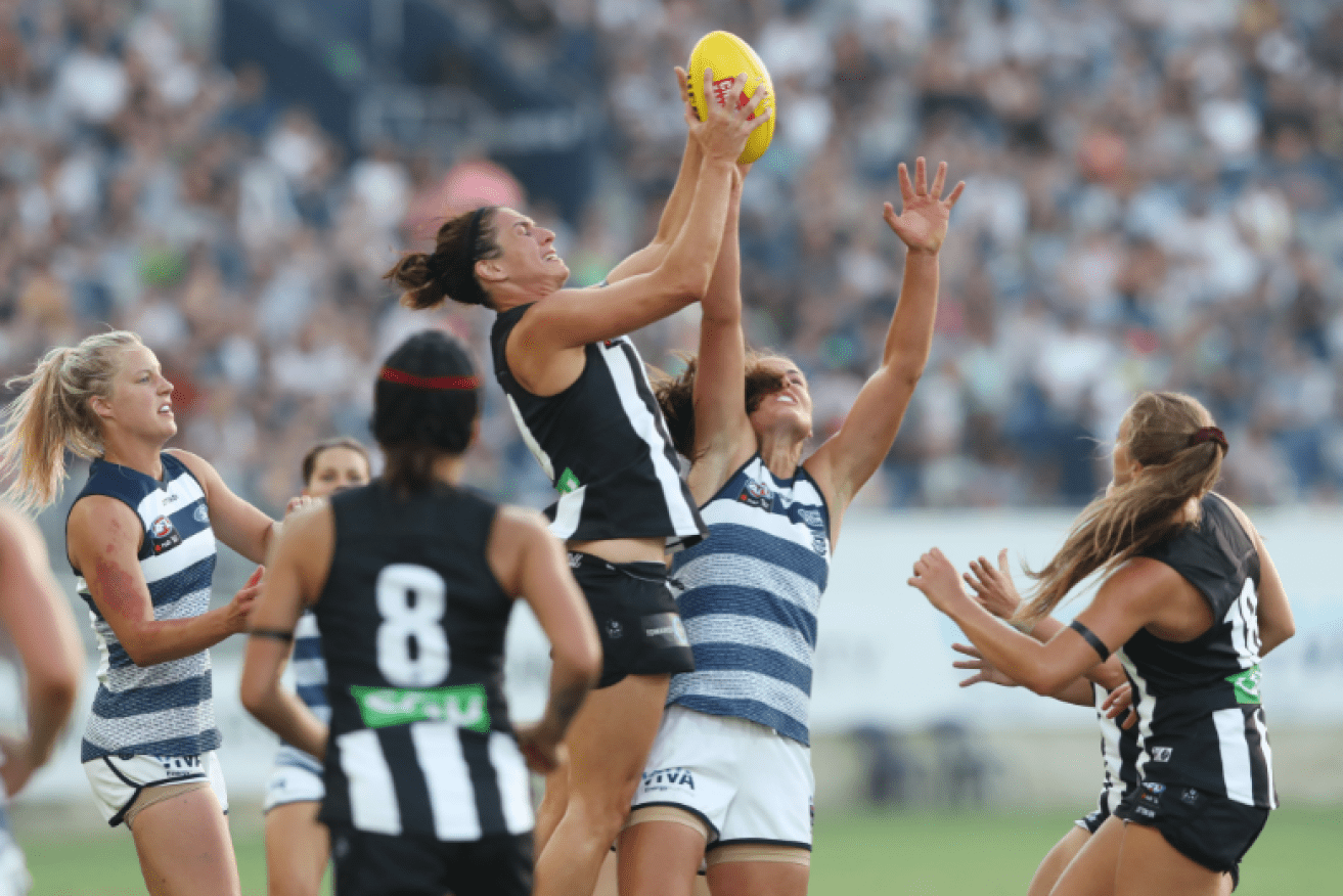 Collingwood's Ashleigh Brazill soars above the pack but her high-flying efforts couldn't thwart a narrow Cats victory.