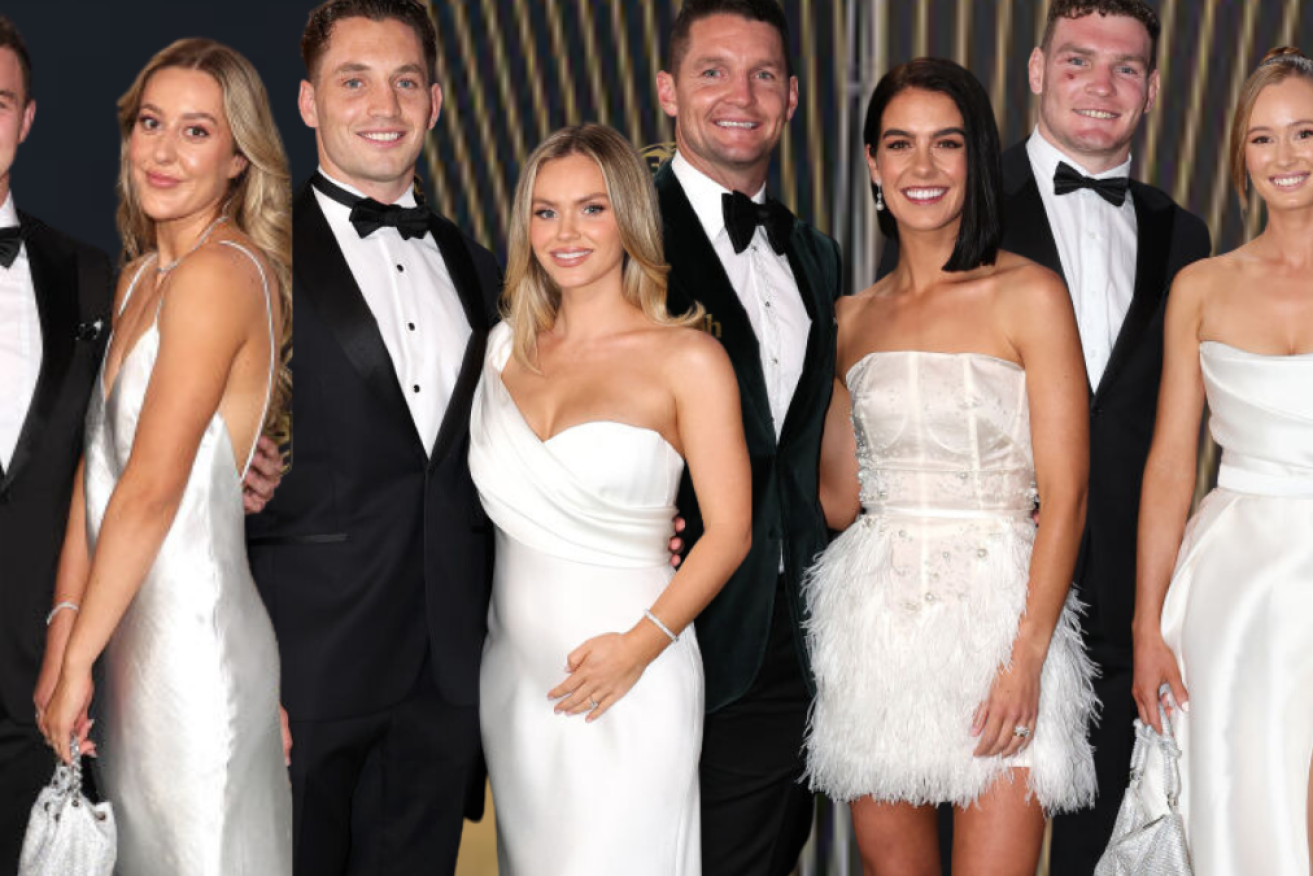 It was all white on the night for Dylan Edwards of the Panthers and partner Nadine Haggart, Cameron Murray of the Rabbitohs and his partner Miranda Cross, Jarrod Croker of the Raiders and his wife Brittney Wicks  and Liam Martin of the Panthers and his partner.