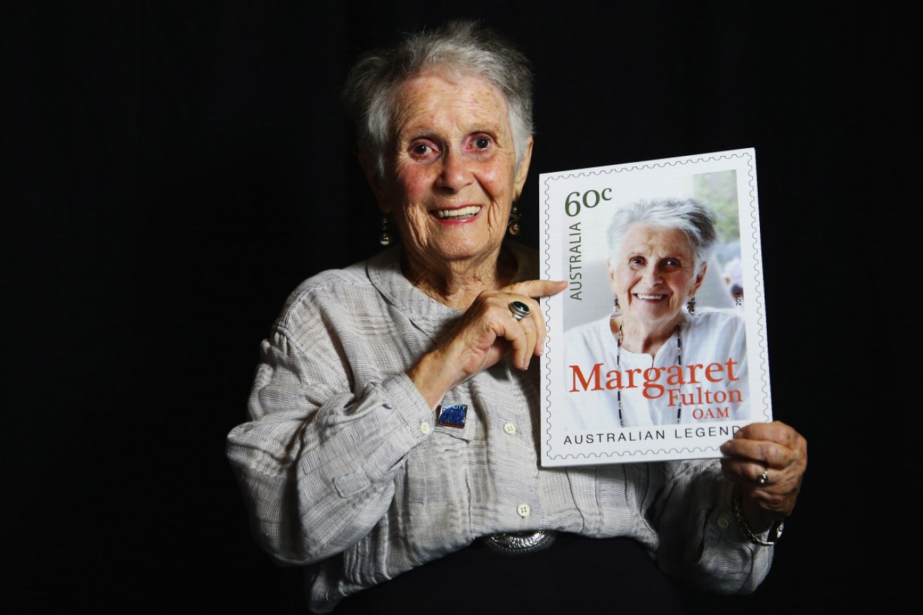 Margaret Fulton at the 2014 launch of an Australia Post "legends" collection of stamps.