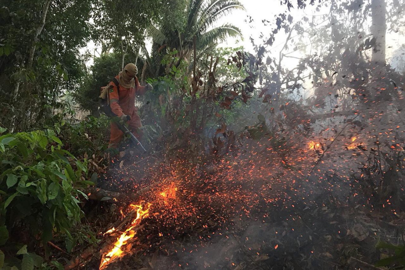 A handout picture provided by Porto Velho's Firefighters shows a fire at the Brazilian Amazonia, in Porto Velho in Brazil on August 18.