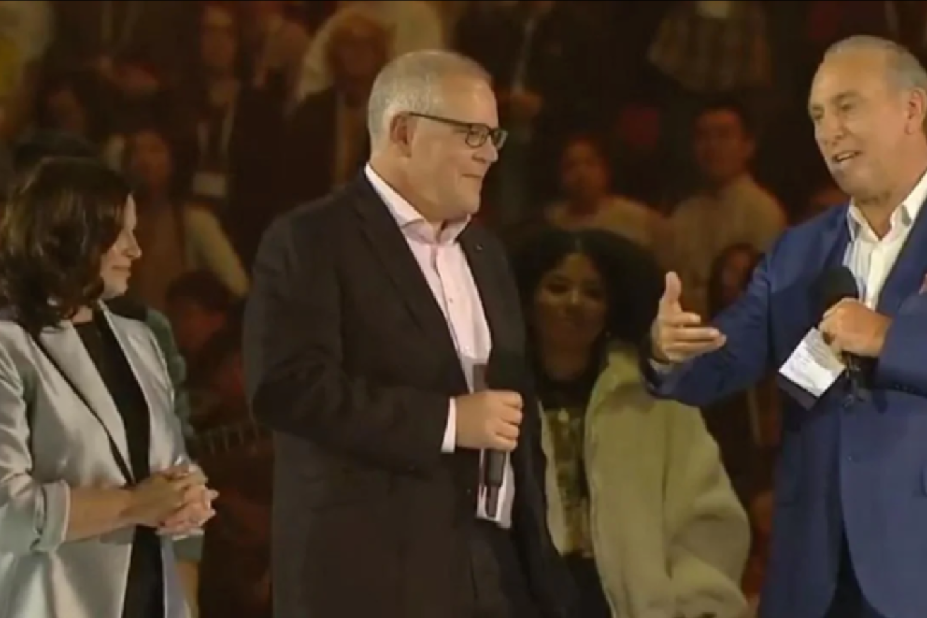 PM Scott Morrison and wife Jenny with Pastor Brian Houston, right.