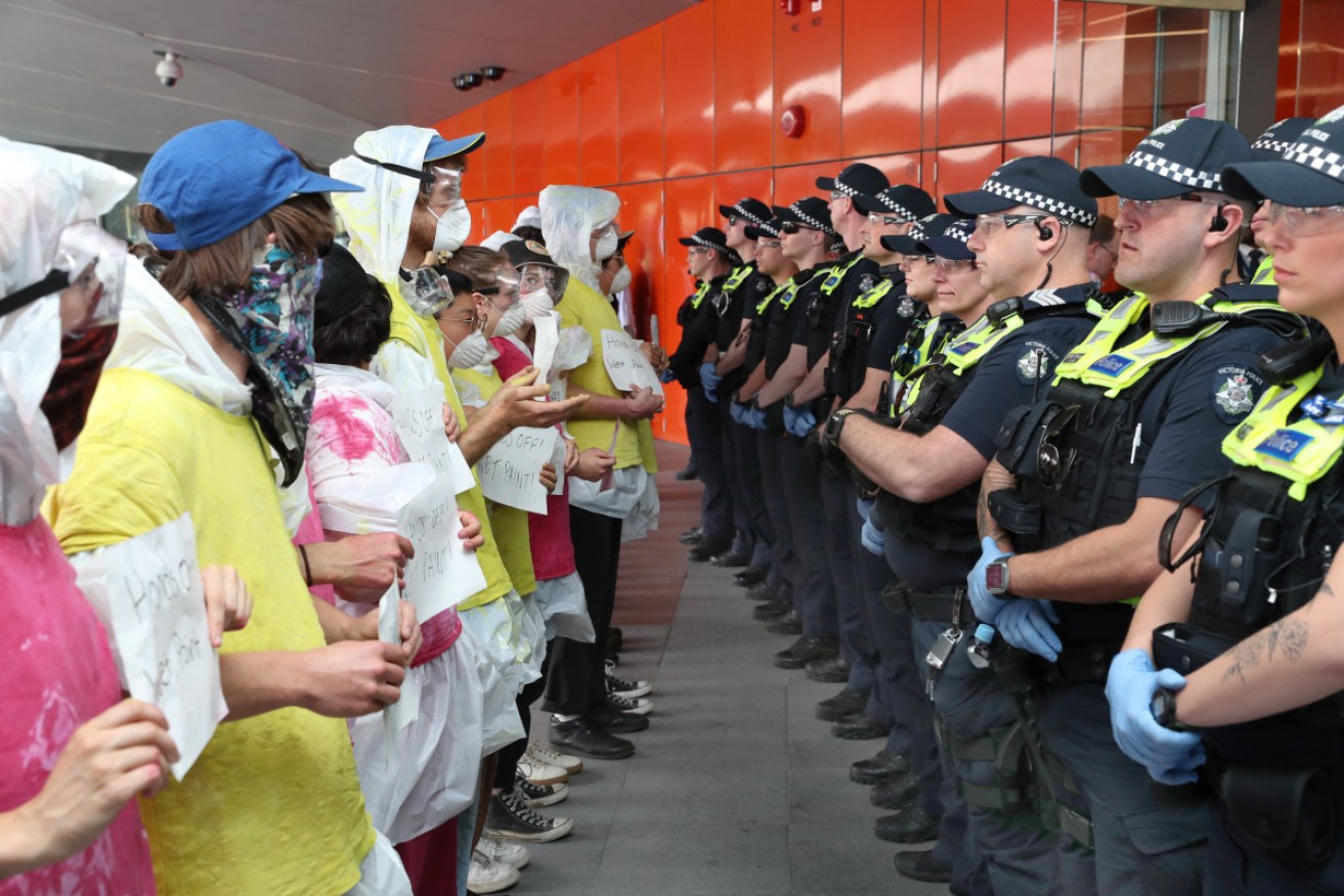 Protesters blockade  the International Mining and Resources Conference in Melbourne.