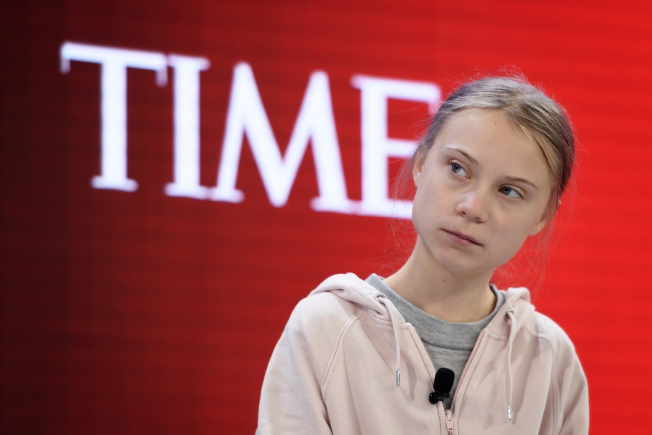 Greta Thunberg on stage at the forum in Switzerland on Tuesday (local time).