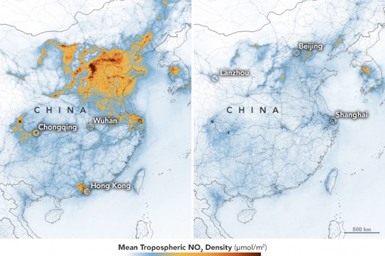 A composite image showing nitrogen dioxide levels over Wuhan in January and late February.