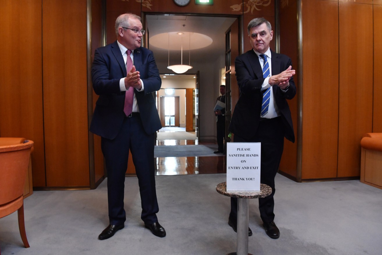 PM Scott Morrison and outgoing Chief Medical Officer Professor Paul Murphy reminding Australians to wash their hands. 