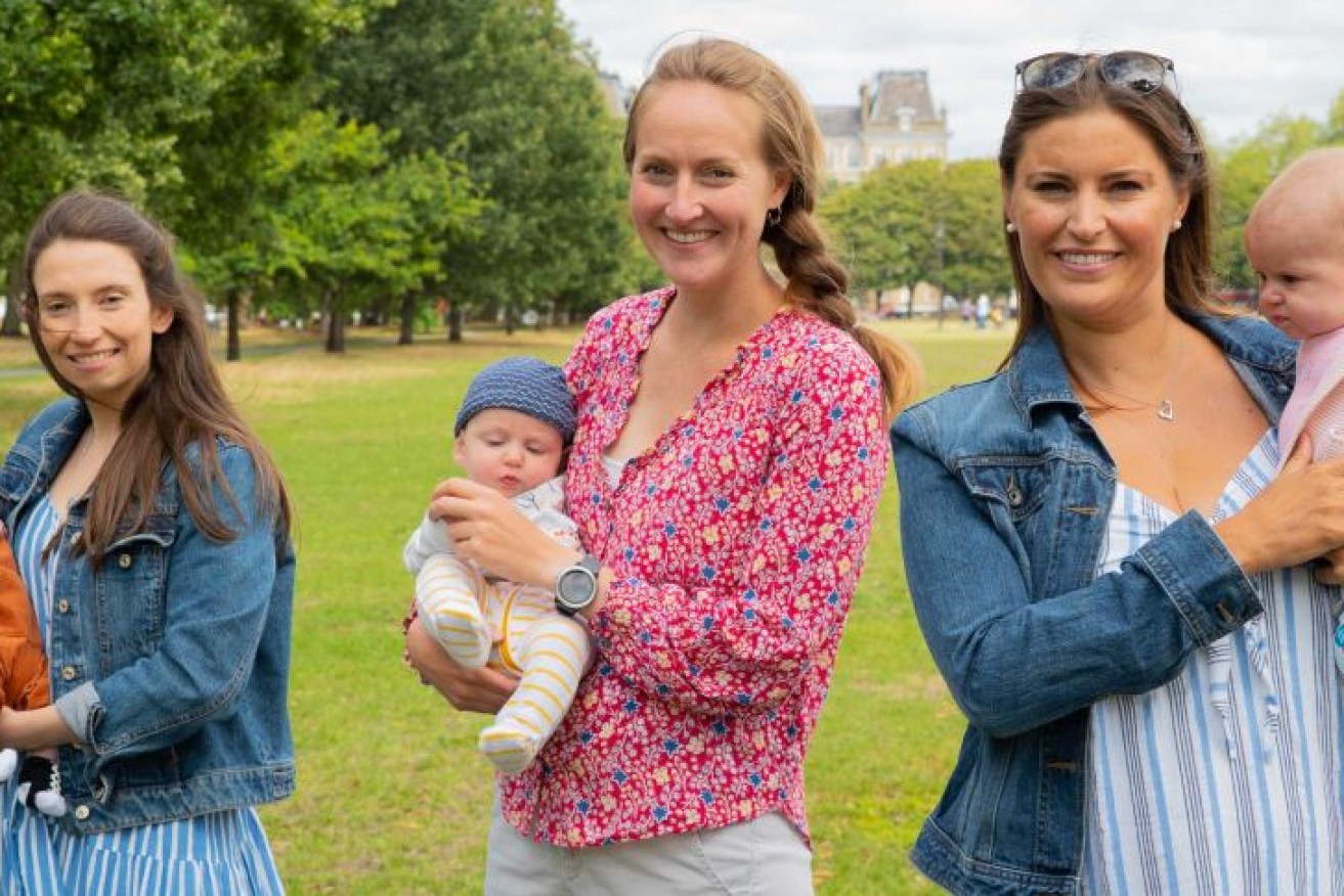 UK-based mums Katy Boustead with son Charlie, Hannah McLean with son Callan, and Carly McCrossin with daughter Ailish.