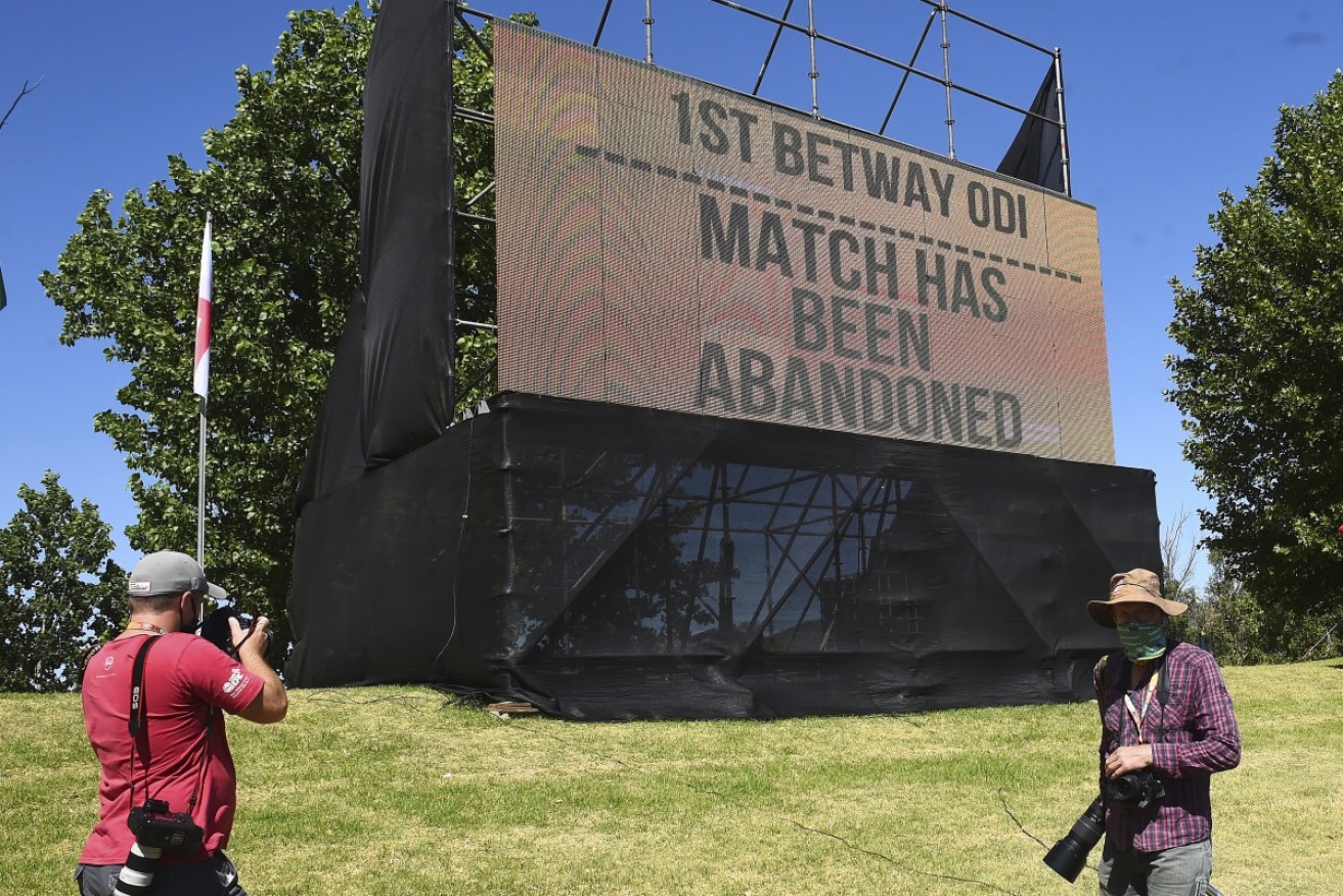 A Boland Park board announces the first ODI in Paarl, South Africa was abandoned on Sunday.