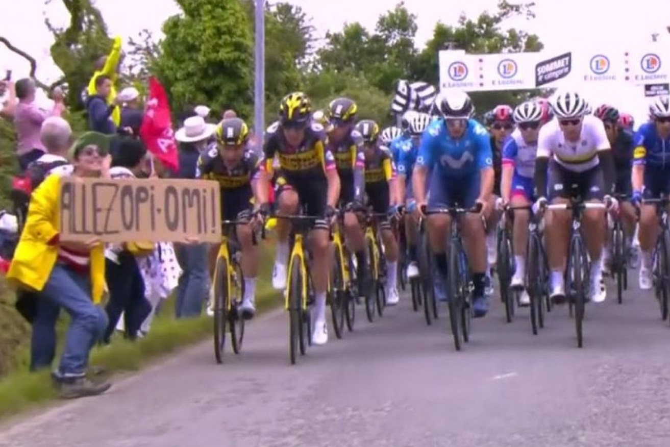 The woman caused mayhem when she leapt in front of the Tour de France pack with her sign.