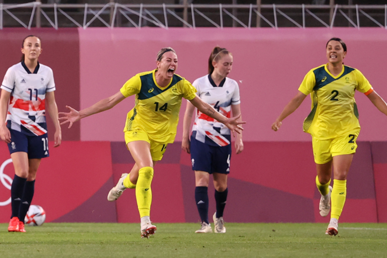 Australia's Alanna Kennedy (left) erupts in ecstasy after the Matildas snatched the lead.