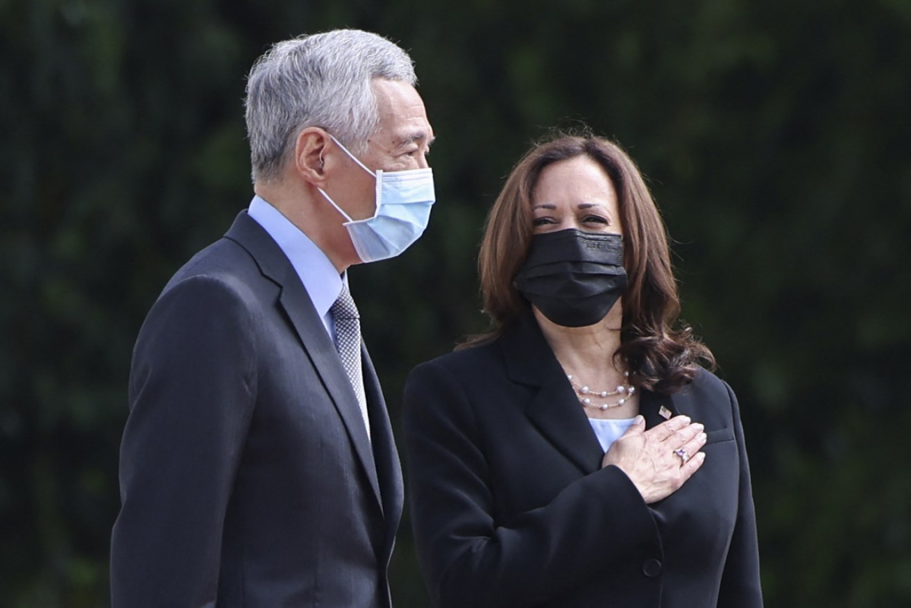 Kamala Harris with Singapore's Prime Minister, Lee Hsien Loong, on Monday.