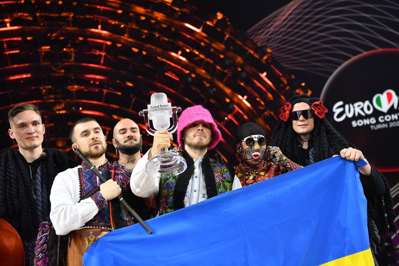 Kalush Orchestra from Ukraine celebrates onstage after winning the 66th annual Eurovision Song Contest in Turin, Italy, 14 May 2022