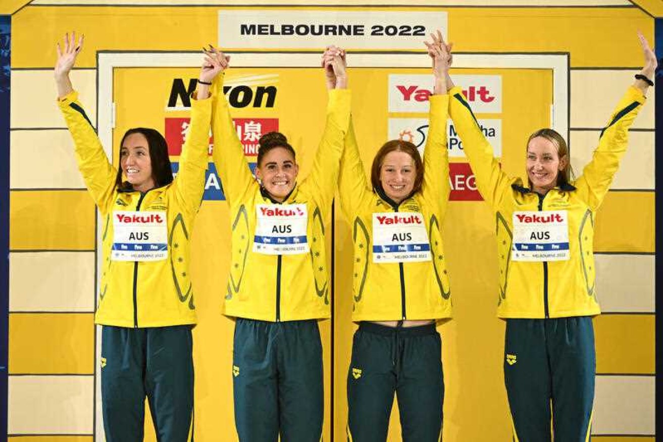 Australia's  world record setting 4x200m freestyle relay team of Lani Pallister [left}, Leah Neale, Mollie O'Callaghan and Madi Wilson at the world short course swimming championships.