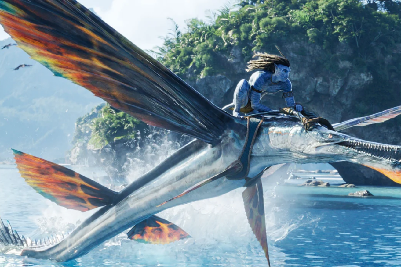 The Na’vi people soar through the sky on colour-splashed dragons. 