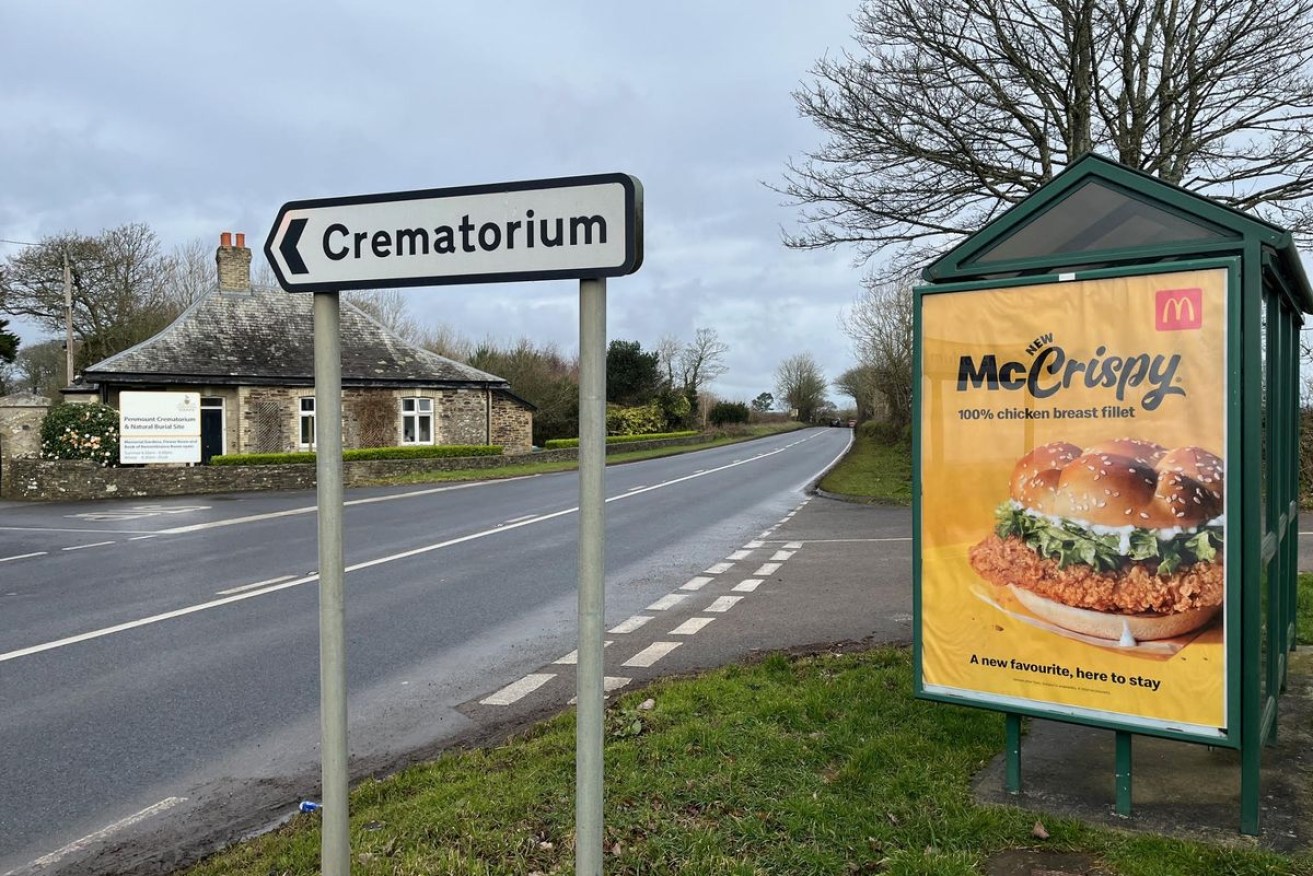 The "tasteless" McCrispy advertisement next to a crematorium in the UK.