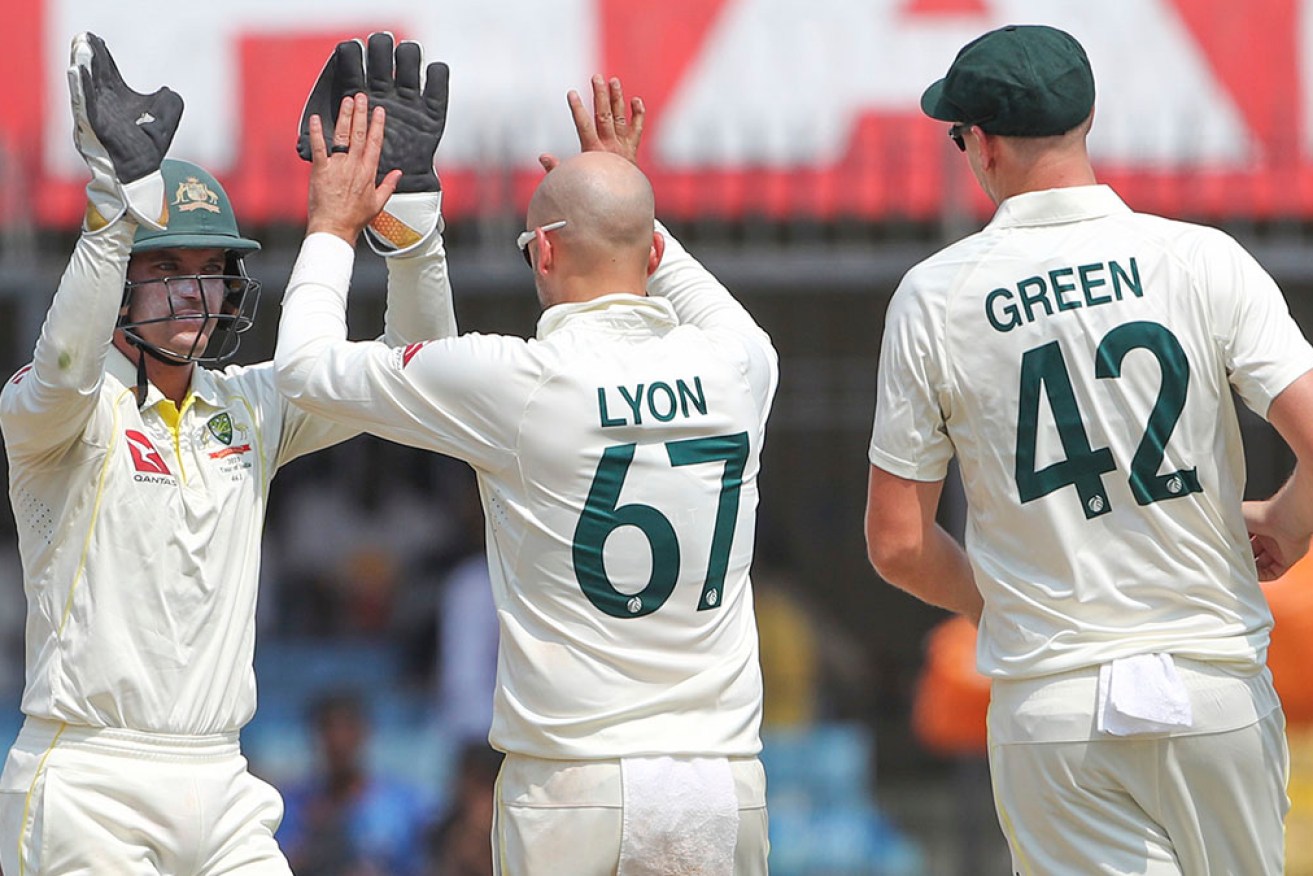 Nathan Lyon has taken 8-64 to leave Australia needing 76 runs to win the third Test in India.