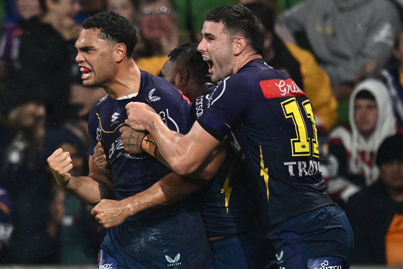 Storm's Xavier Coates celebrates scoring a try during their NRL win over Sydney Roosters. <i>Photo: AAP</i> 