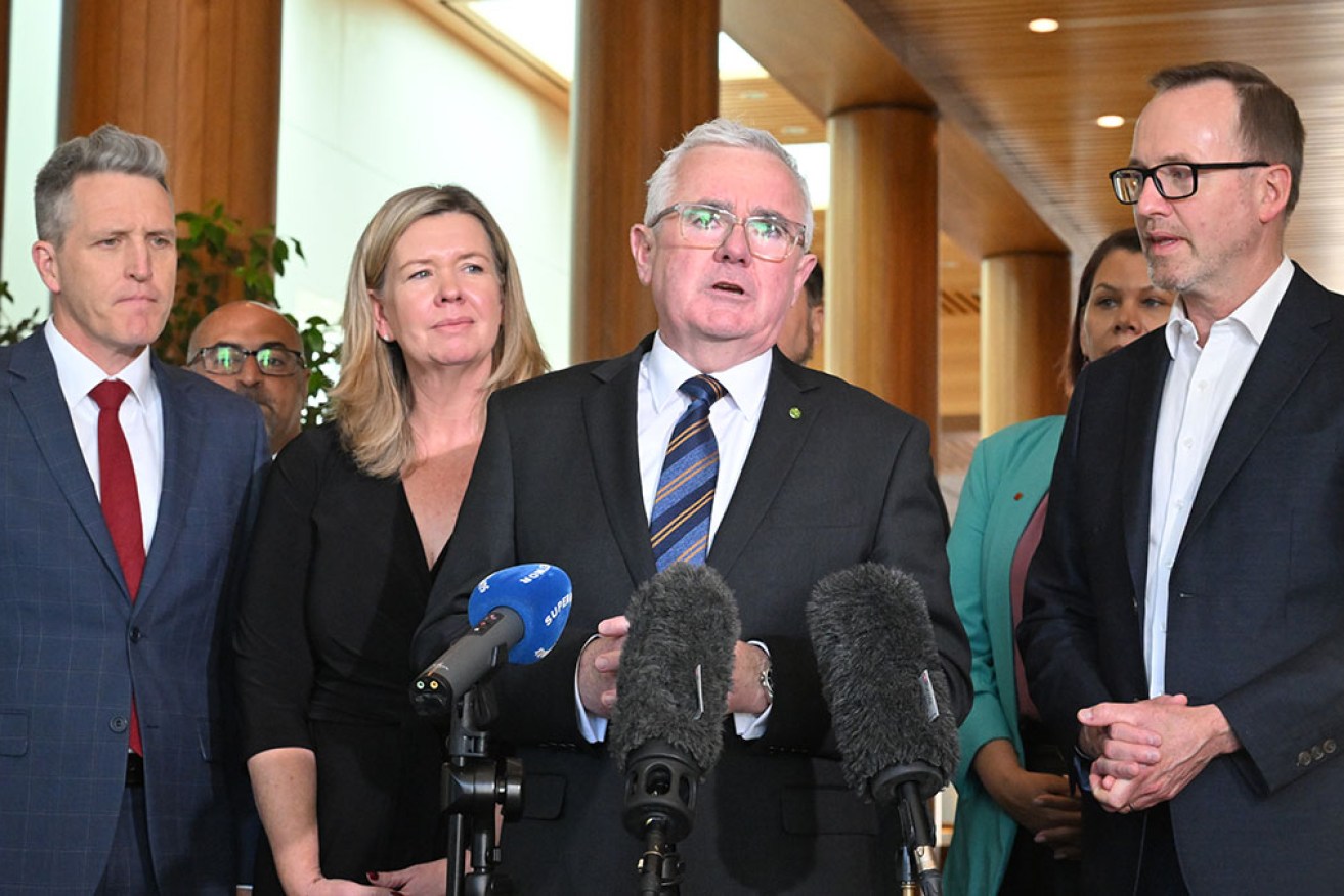 Andrew Wilkie (centre) with other members of the Bring Julian Assange Home Parliamentary Group. Photo: AAP