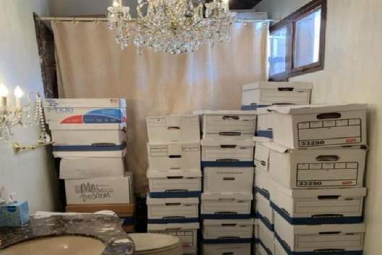 A stack of boxed documents in a room at Donald Trump's palatial Mar-a-Lago resort.