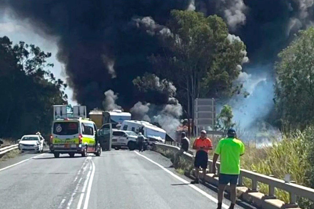 Thick smoke blacks out the sky at Bajool, south of Rockhampton in Queensland, after an incident on Bruce Highway. 