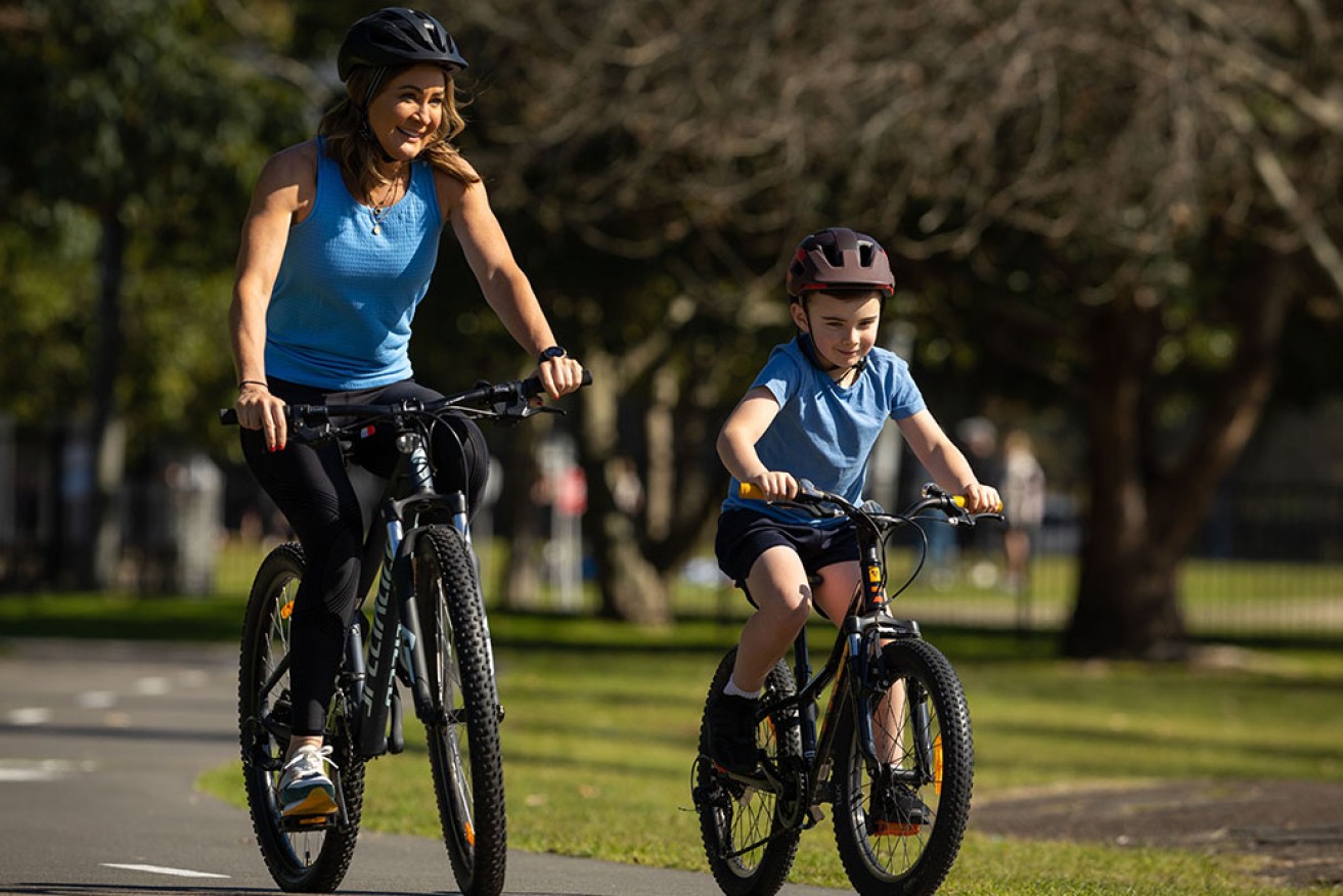 Fitness coach Michelle Bridges wants her son Axel to learn to ride a bike safely and have fun.