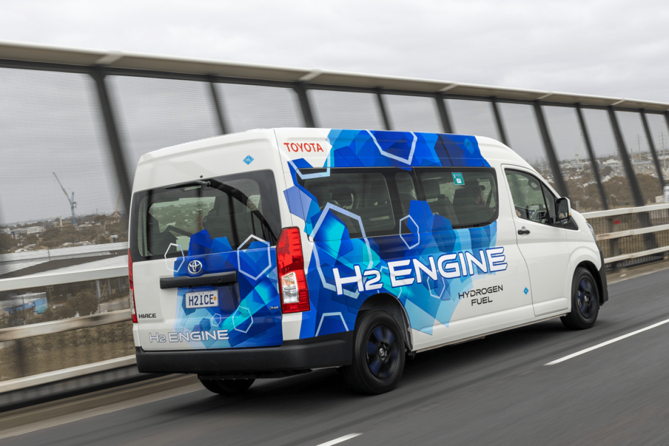 Almost entirely polution free, the hydrogen-powered van scoots across the Westgate Bridge.