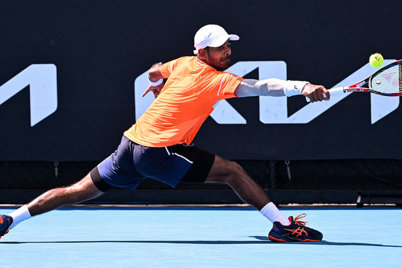 India's Sumit Nagal stretches against Kazakhstan's Alexander Bublik in Melbourne on Tuesday.  