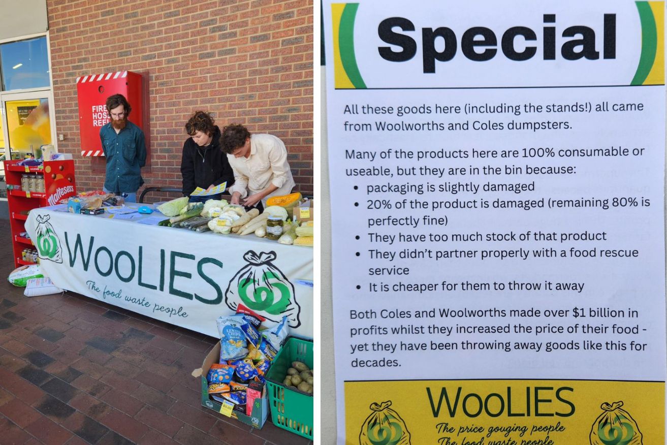 Activists 'liberated' products from Woolworths and Coles dumpsters in Hobart.