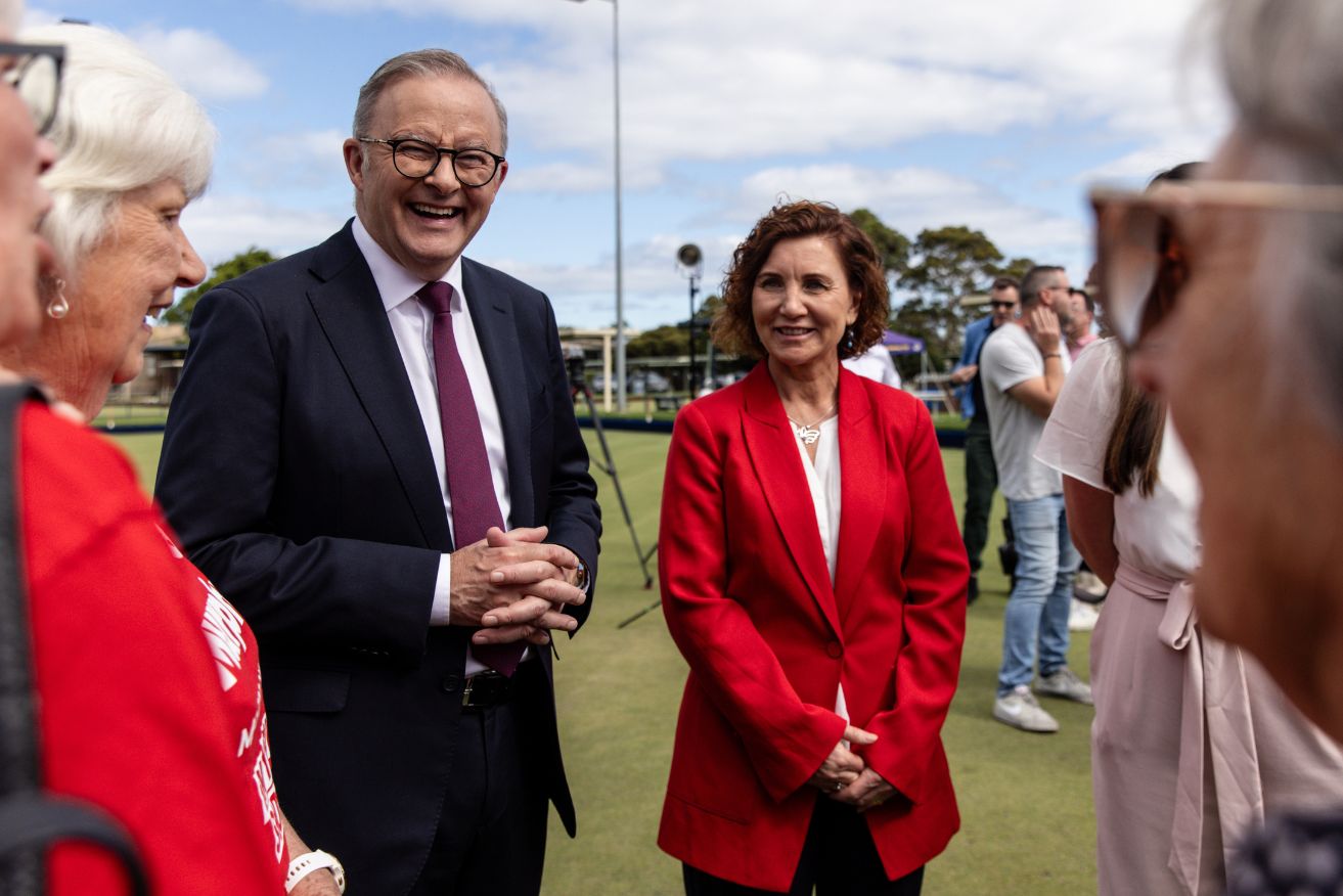 Australian Prime Minister Anthony Albanese (left) and Candidate for Dunkley Jodie Belyea arrive at a press conference at the Frankston Bowling Club.