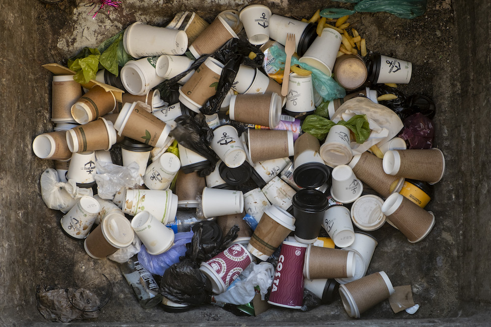 pictured are coffee cups in the bin