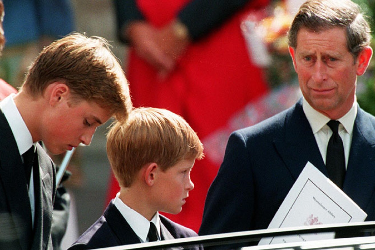Prince Charles (right) and his sons, Prince William (left) and Prince Harry, at the funeral of Princess Diana.