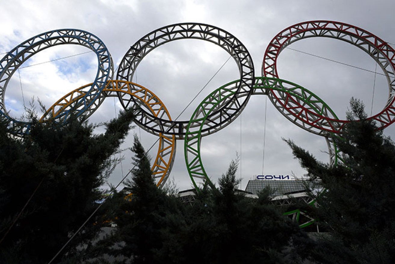 Olympic rings stand in front of the airport in Adler, outside Sochi.