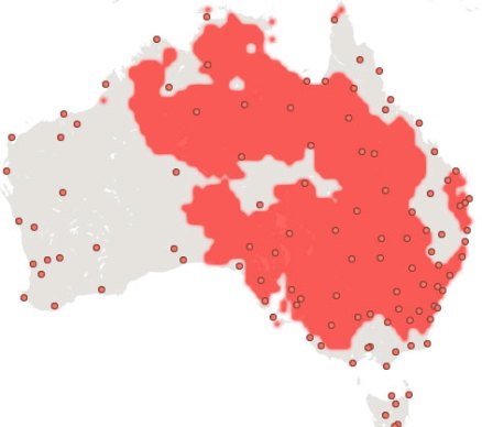 Red indicates areas experiencing higher than normal temperatures as of Sunday. Graph: scorcher.org.au