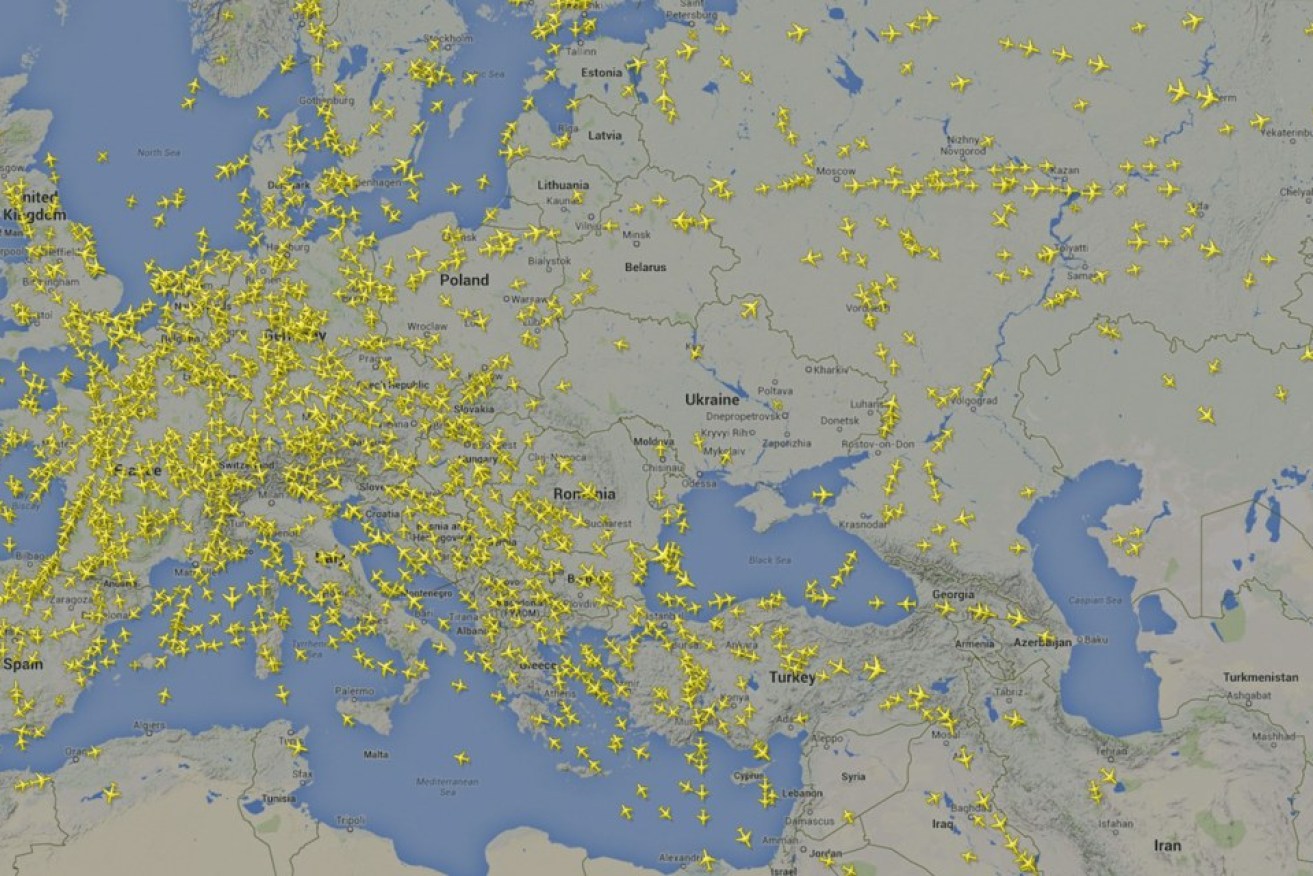 A graphic from flightradar24.com shows the avoidance of airspace above Ukraine.