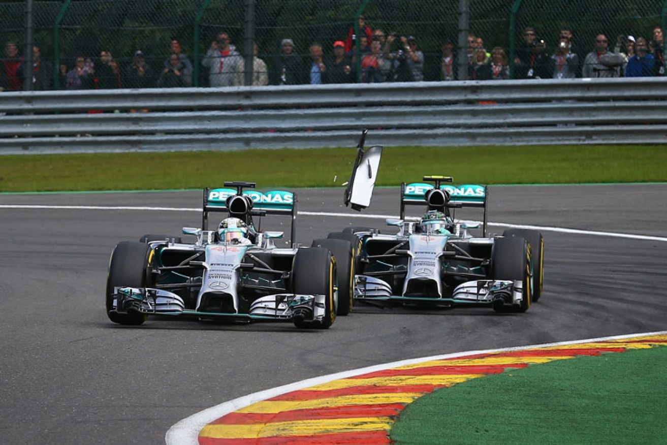 Rosberg and Hamilton get up close and personal. Photo: Getty
