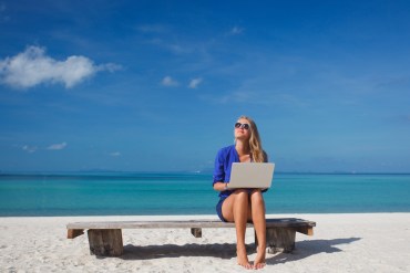 career change, beach, laptop, woman
