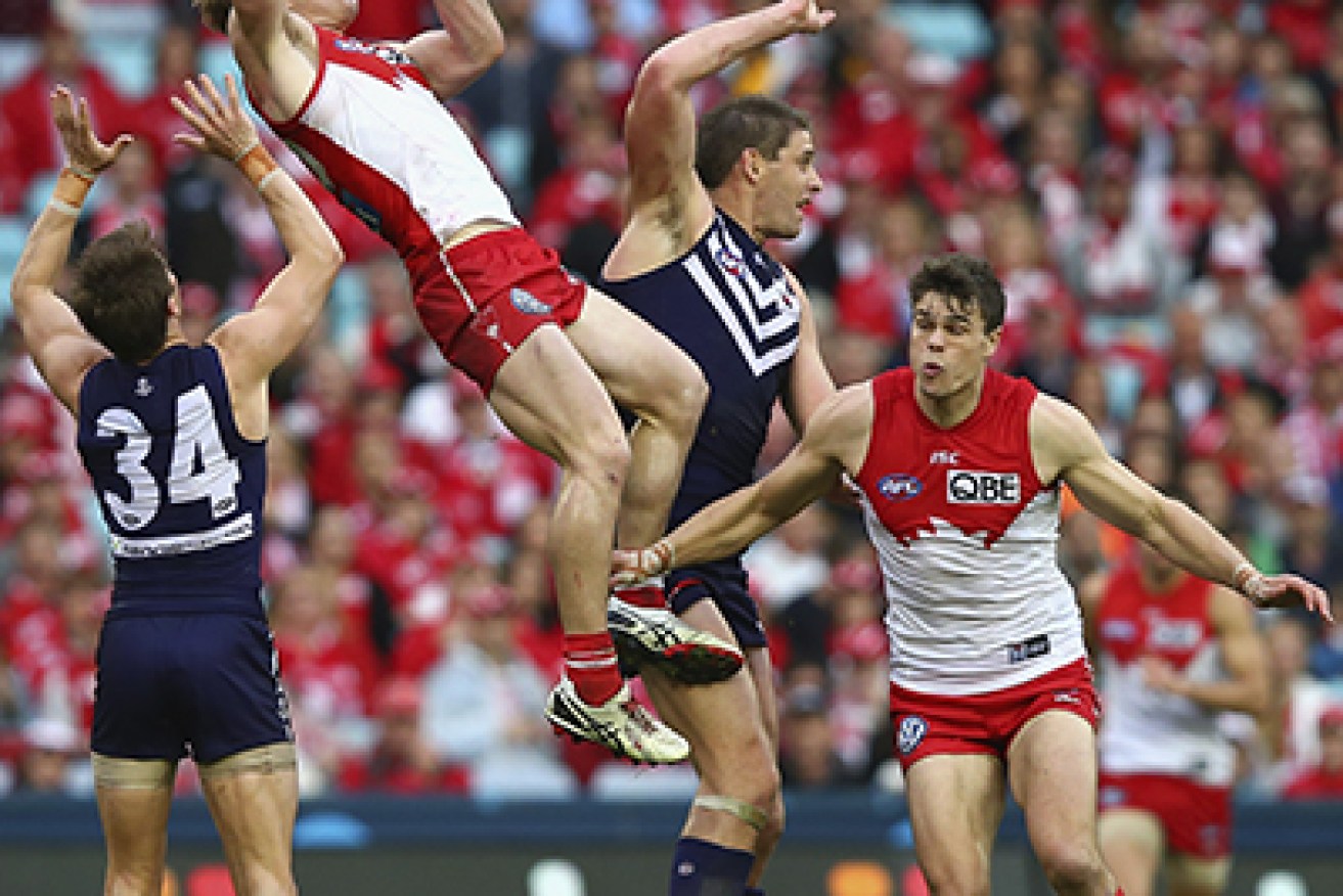 Luke Parker of the Swans flies for the ball during the First Qualifying Final.
