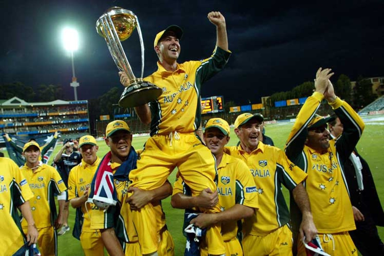 Australia celebrates winning the 2003 World Cup final against India. Photo: Getty