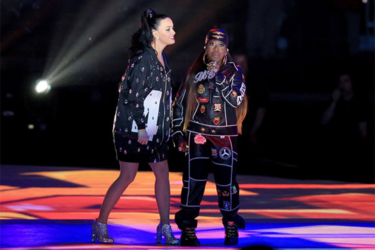 Perry and Elliott performing at Superbowl 49 in Arizona. Photo: Getty