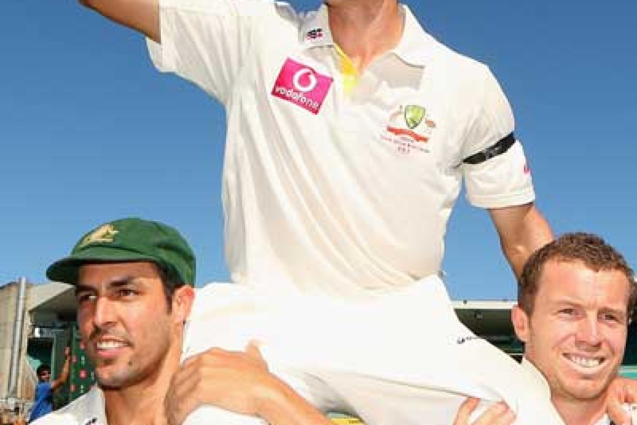 Michael Hussey gets chaired off after his final Test. 