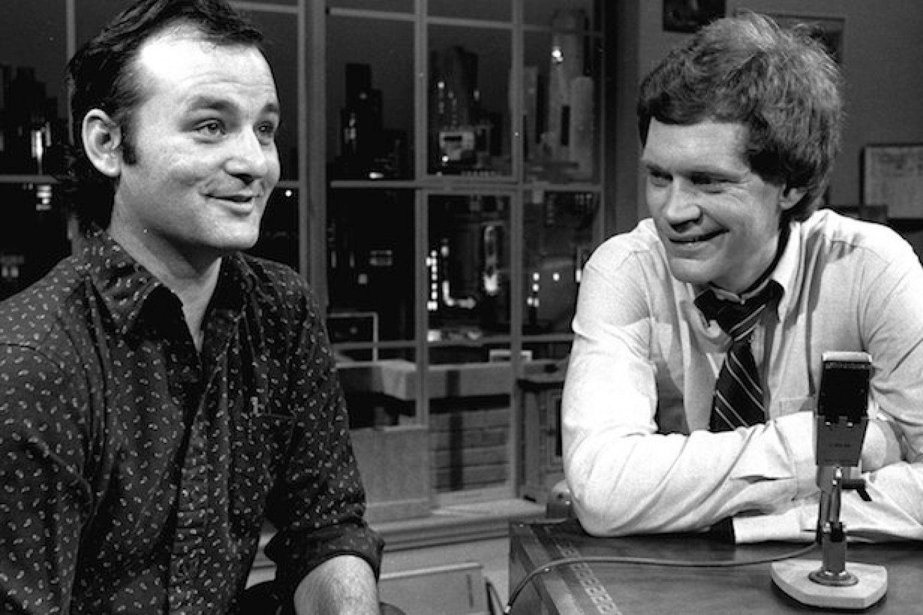 Letterman (right) with guest Bill Murray during the taping of the first "Late Night with David Letterman" episode in 1982. Photo: AAP