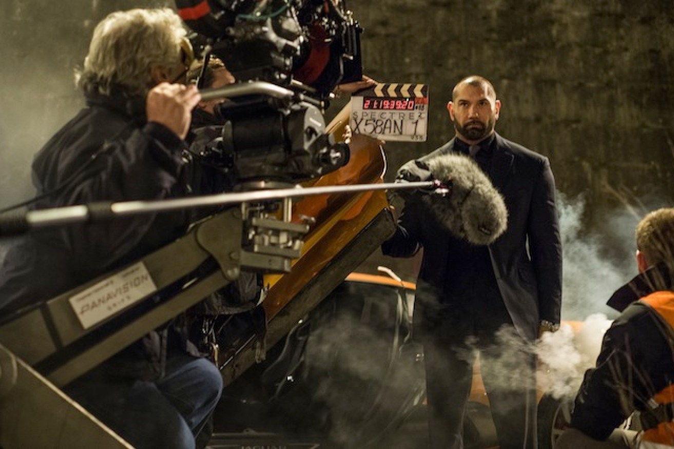 Dave Bautista, who plays Mr Hinx, on the film set.