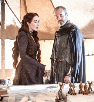Van Houten as Melisandre with Stannis Baratheon (played by Stephen Dillane).