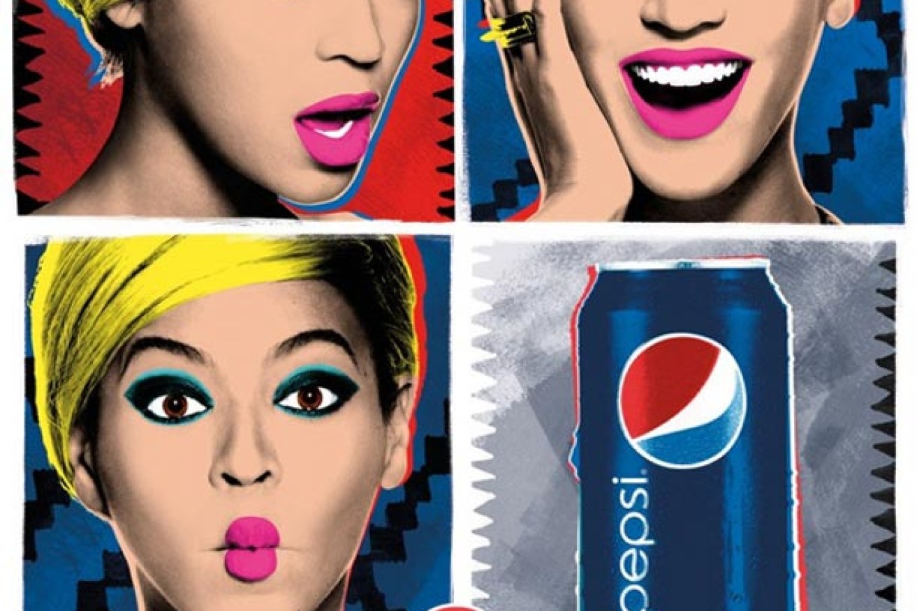 Soft drink is marketed using glamorous celebrities and colourful packaging.