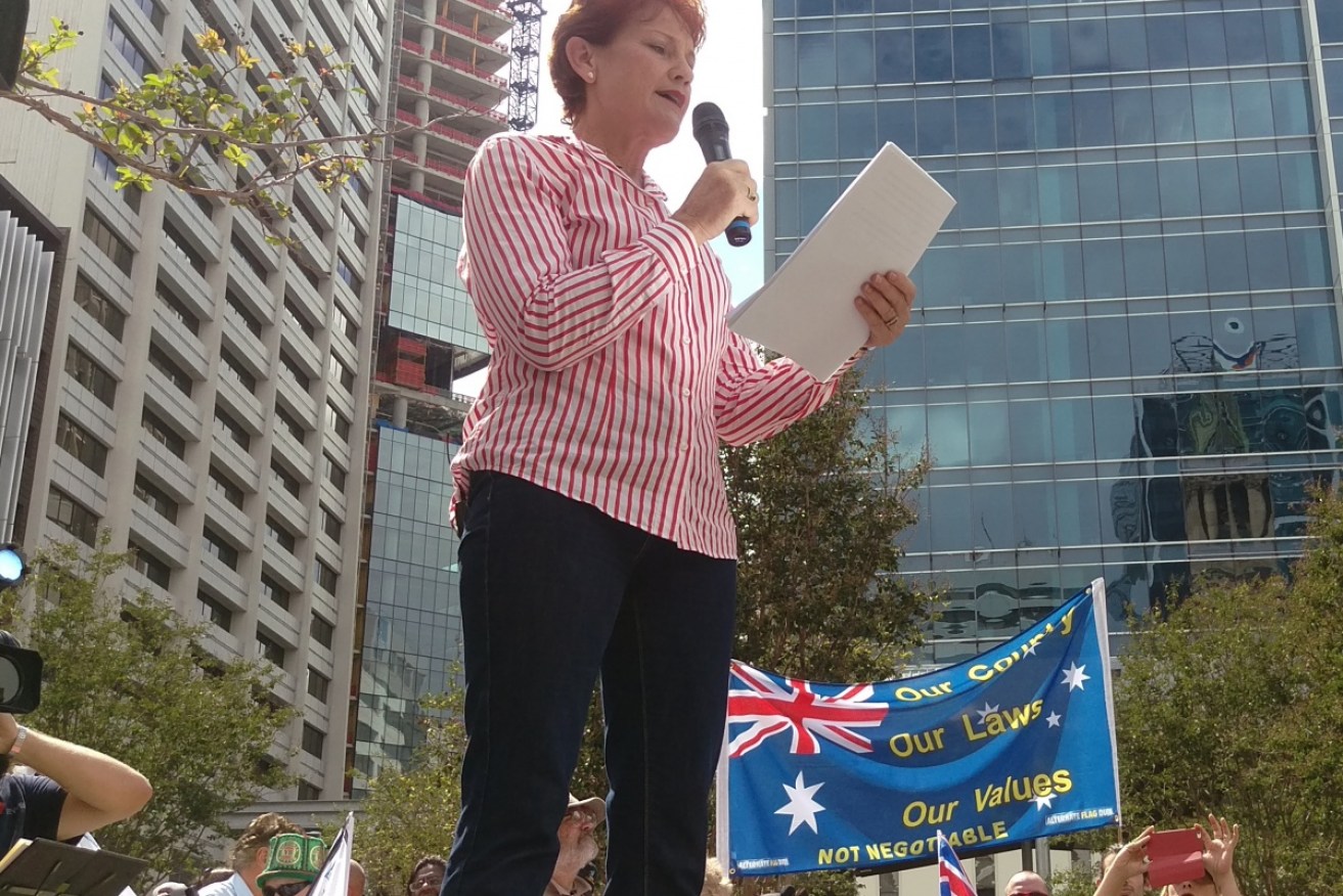 Pauline Hanson speak at an anti Islam rally in Brisbane in April. Photo: AAP
