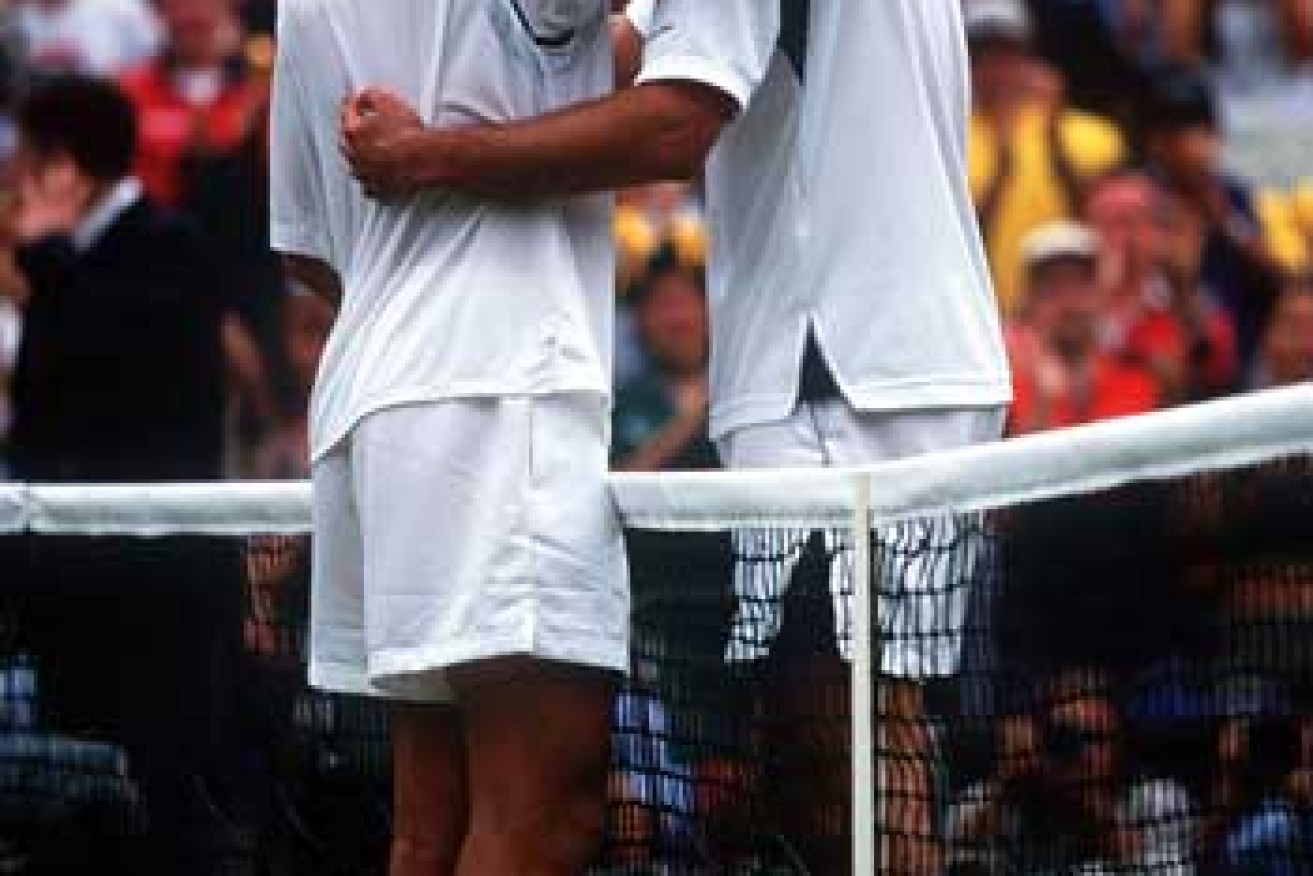 Pat Rafter and Goran Ivanisevic hug it out. Photo: Getty